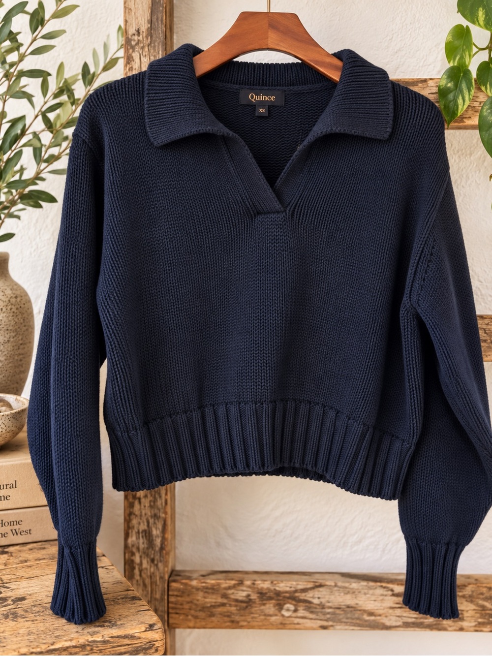 Quince 100% Organic Cotton Cropped Polo Sweater Navy XS